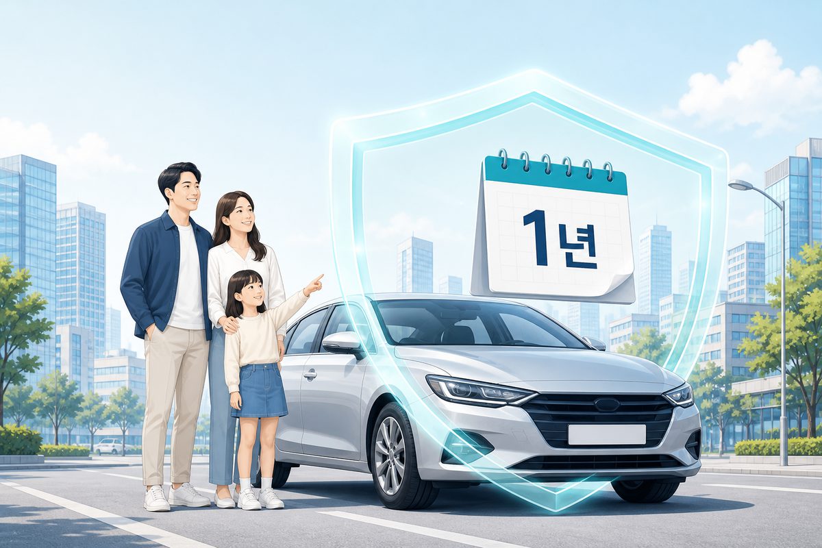 가족과 차량을 1년간 보호하는 자동차보험료 1년 개념 일러스트